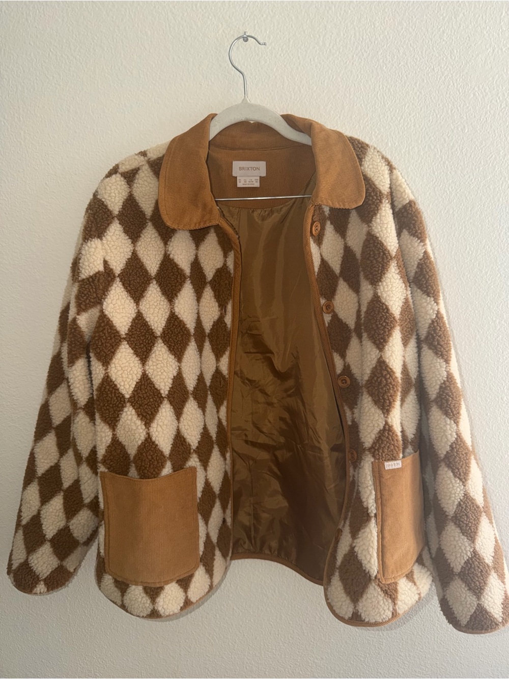 Brixton Brown & Cream Diamond Sherpa Coat with Corduroy Trim